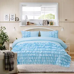 Light Blue Waterfall Ruffle Comforter Set  Size Multi-Layers Ruffled Shabby Chic 3 count Bedding Set for Girls Women