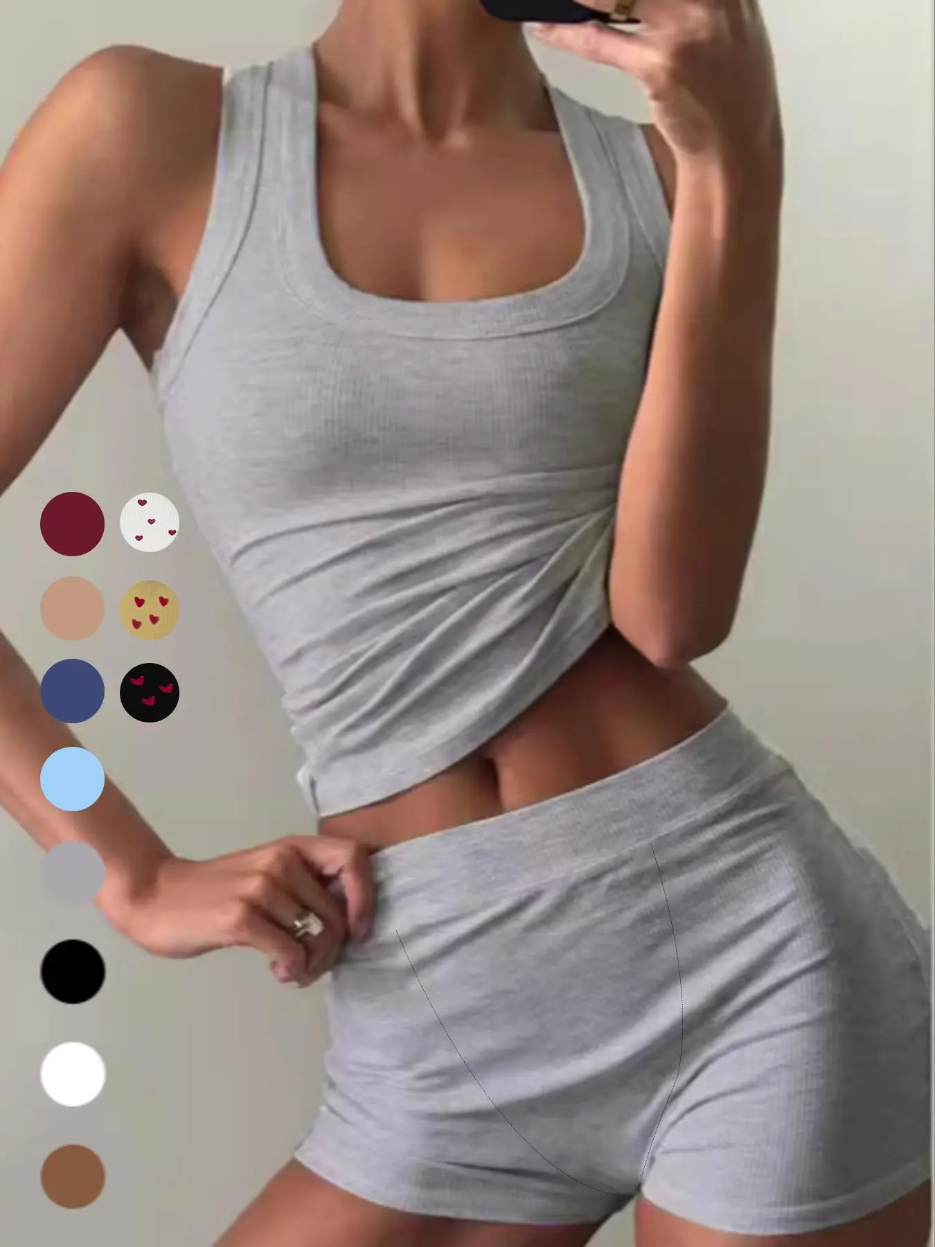 Two-piece Set Women's Solid Ribbed Crop Tank Top & High Waist Shorts, Casual Fashion Cozy Square Neck Sleeveless Top & Skinny Shorts for Daily Outdoor