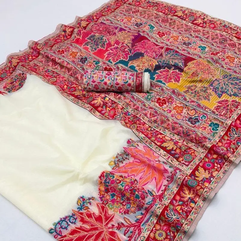 Kashmiri Pure Cotton Handloom-Woven Pashmina Saree with Matching Blouse Piece