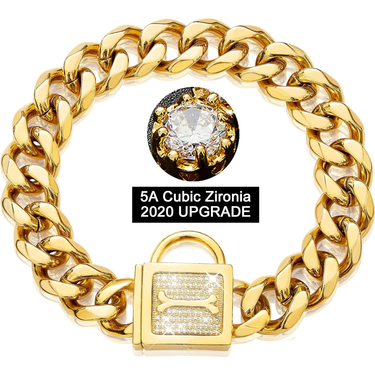 Dog Chain Collar with Zirconia Buckle 19MM Gold Cuban Link Puppy Collar Gold Dog Chain Bling Necklace for Medium Dogs (19MM, 14") PRADOG