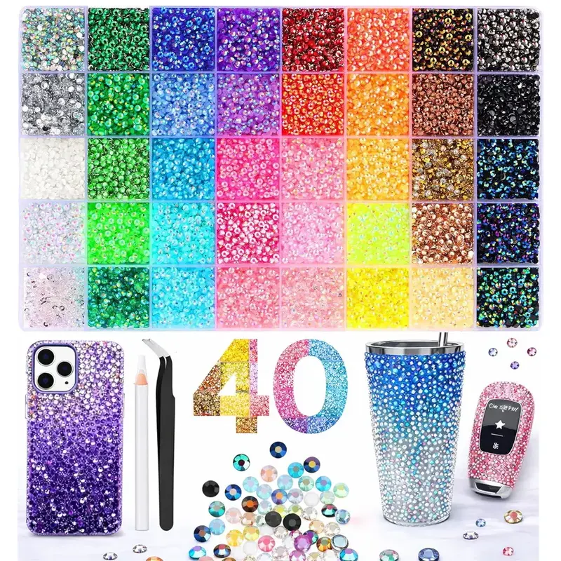 40-Color Resin Jelly Bling Rhinestone Kit, 3mm 32000 Pcs Flatback Shining Rhinestones, Diamond Sparkle Decoration Nail Art Products for Crafting, Clothing, Shoes, Books