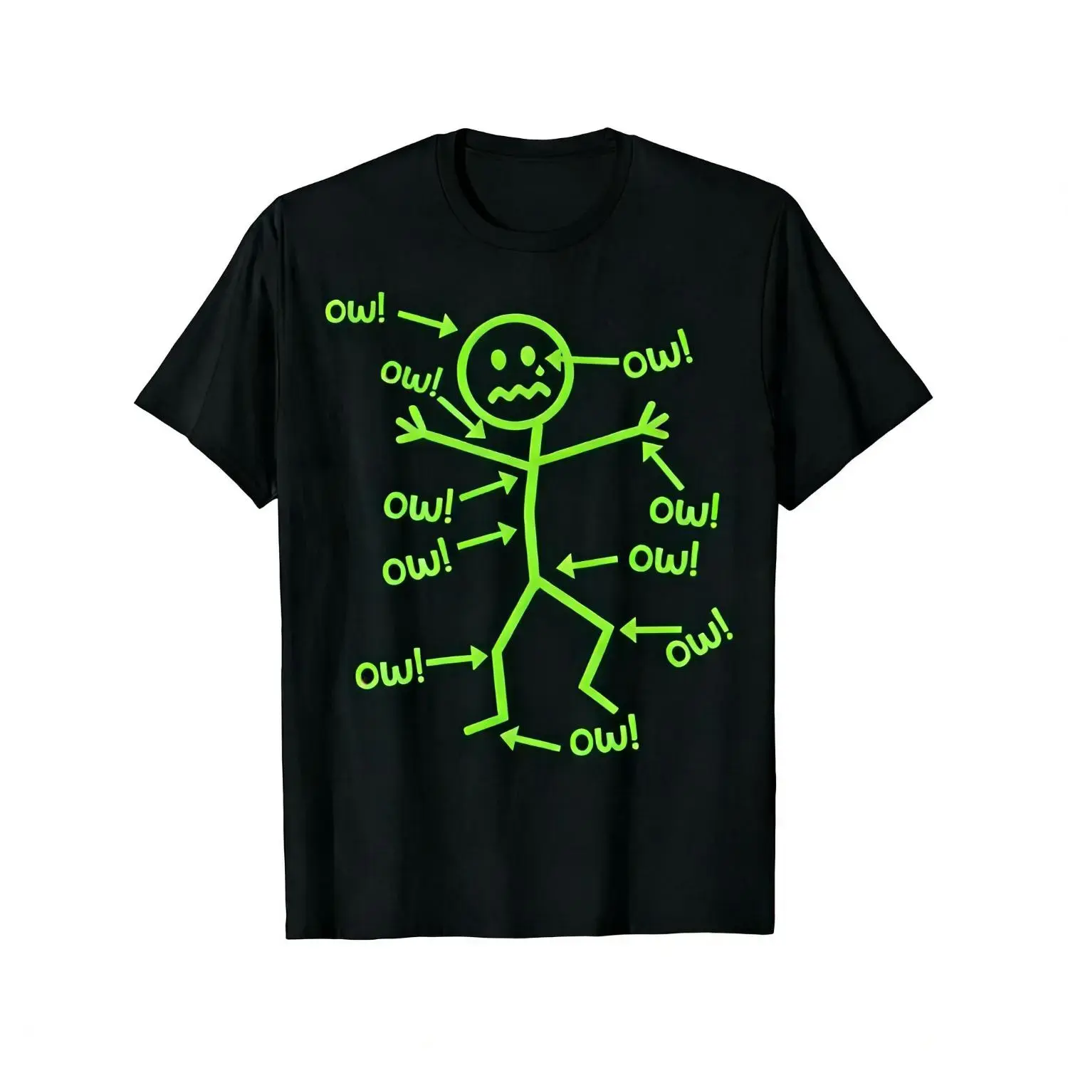 Stick Figure All Over Owl Funny Sarcastic Graphic T-Shirt, Sore Body Aches Humor Tee, Chronic Pain Fibromyalgia Migraine Relatable Gift Shirt For Men Women