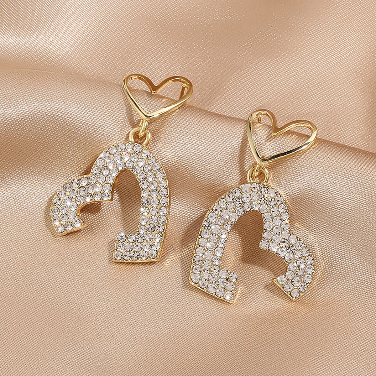Gold Letter Earrings with Rhinestone Heart