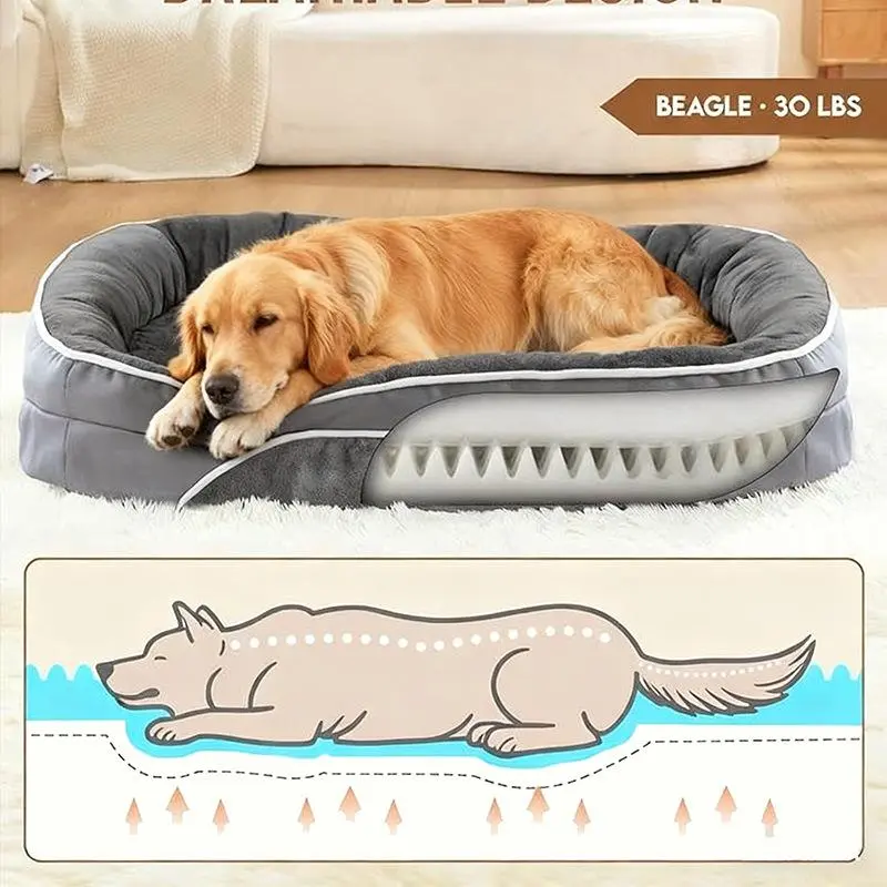 Orthopedic Dog Bed, Extra Large Dog Bed, Dog Sofa for Large Sized Dogs with Full-Surround Bolsters, Dual-Sided Dog Cooling Bed with Memory Foam, Washable Sofa with Nonslip Bottom, Light Grey