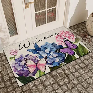 1 pc Spring Hydrangea Flowers and Butterflies Floral Printed Door Mat Flax Surface Diatomaceous Earth Non-Slip Water-Absorbing Entrance Door Mat Indoor Outdoor Printed Holiday Home Decor