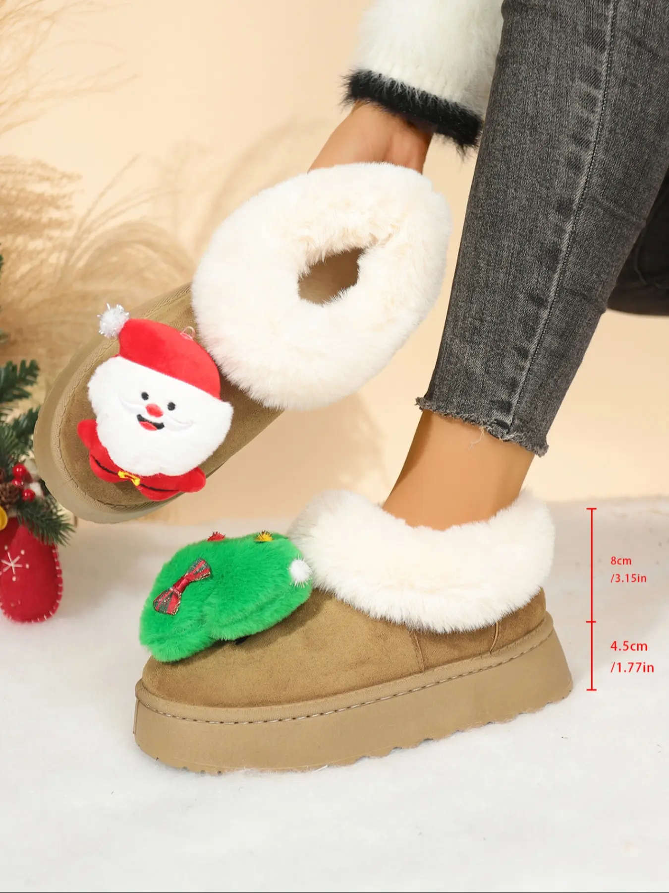 Women's New Christmas Theme Snow Boots, Cartoon Santa Claus, Fashionable Tree Decoration, Warm and Comfortable, One-Step Easy Wear