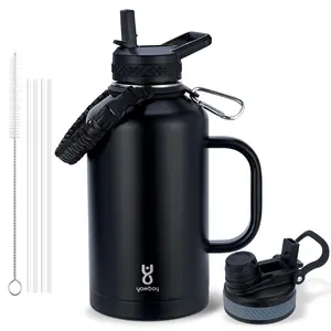 【Yawbay】 Half/Full Gallon (64/128oz) Insulated Water Bottle with 2-in-1 Straw Lid & Bonus Chug Lid, Leakproof Stainless Steel Flask Jug | Heavy Duty Paracord Handle & Side Carry Handle | for Hiking, Camping, Sports, Fishing, Long Drives, Gym