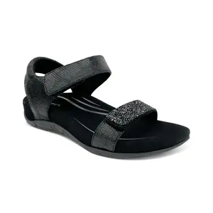 Aetrex Maria Studded Quarter Strap - Jeweled Black | Women's Orthotic Wedge Sandals with Arch Support & Comfort