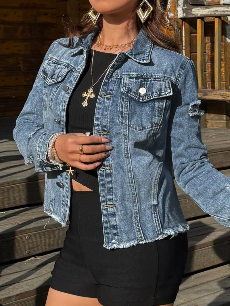 Women's Plain Button Front Raw Hem Denim Jacket, Casual Long Sleeve Collared Pocket Outerwear for Daily Wear, Ladies Clothes for All Seasons