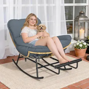 Outdoor Rocking Chair with Footrest, Oversized Papasan Rocking Chair All Weather PE Wicker Rattan, Metal Frame Rocker for Patio Balcony Porch Lawn Living Room Grey