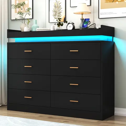 Modern Adjustable Black Solid Wood Sturdy Bedroom Dresser - Rectangular Chest of Drawers with Built-in LED Lighting, Charging Station, Multiple Drawers, Strong Frame, Easy Setup, Cabinet Bedroom Furniture for Entryway