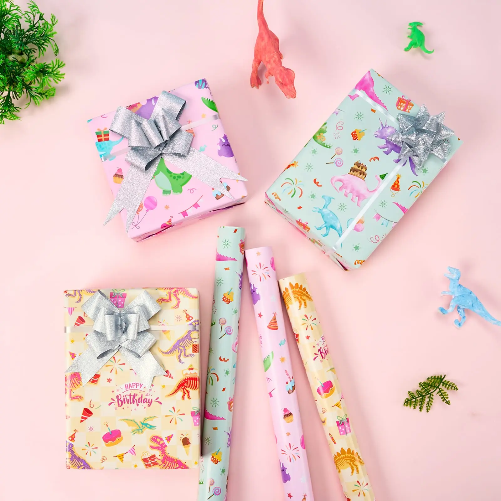 WERNNSAI Wrapping Paper Rolls 3 Pack with Cutting Lines Kids Birthday Gift Wrap for Girls Kitty Unicorn Dinosaur Flamingo Puppy Butterfly Girl Mix Princess Rainbow Cute Party Supplies Baby Shower Holiday Favors Bulk Art Craft
