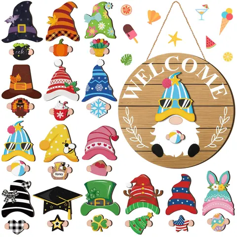 Trendy Interchangeable Wooden Gnome Wall Decor - Home & Festive Ornaments with 15 Detachable Hats, Magnetic Snap-On Pieces, Pumpkins, Snowflakes, Stars, Flowers - Unique Christmas Decorations Wall Hanging Welcome Sign