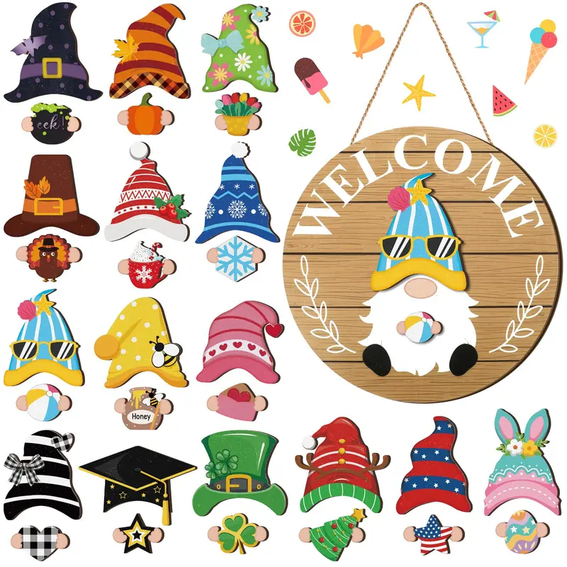Trendy Interchangeable Wooden Gnome Wall Decor - Home & Festive Ornaments with 15 Detachable Hats, Magnetic Snap-On Pieces, Pumpkins, Snowflakes, Stars, Flowers - Unique Christmas Decorations Wall Hanging Welcome Sign
