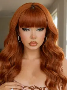 Long Wavy Wig with Bangs for Women, Fashion Fluffy Wigs, Synthetic Gorgeous Fluffy Wavy Wigs, Wear and Go Glueless Wigs for Daily and Party Use（28inch)