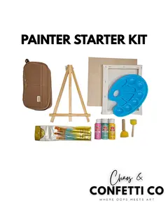 Chaos & Confetti Co Painter Starter Kit - Complete Mini Art Studio with Easel Canvas 3 Paints Brush Set Palette for Beginners