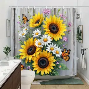 Spring garden shower curtain! Sunflower butterfly shower curtain, perfect for bathroom decoration, partition, beautify space, polyester durable material, easy to clean, machine washable, multiple sizes, Bathroom Shower Equipment, shower curtain hook