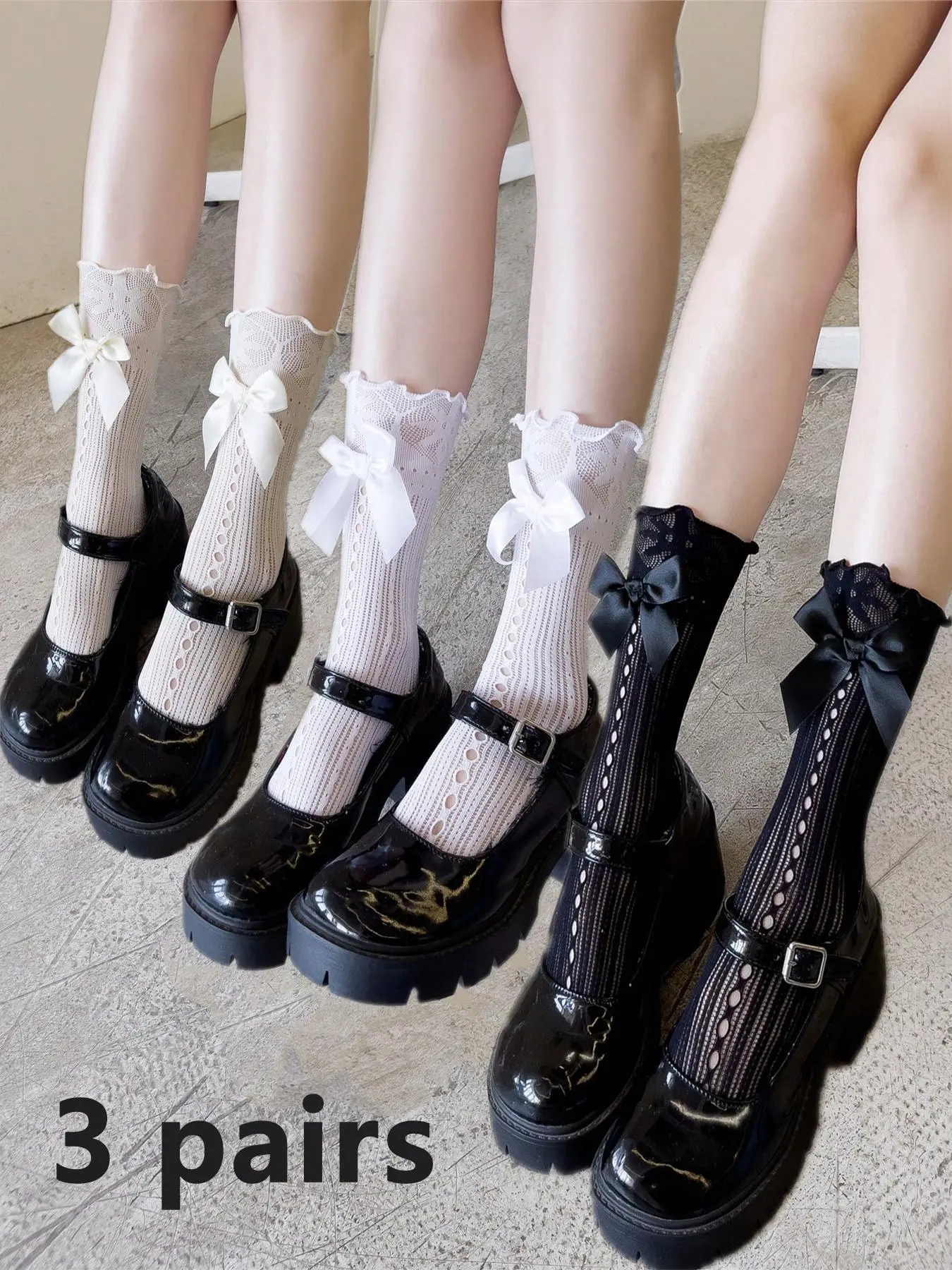 Women's 3 Pairs Bow Decor Lettuce Trim Crew Socks, Cute Comfy Breathable Lightweight Casual Hollow Out Socks for Everyday Wear, Ladies Socks for Summer
