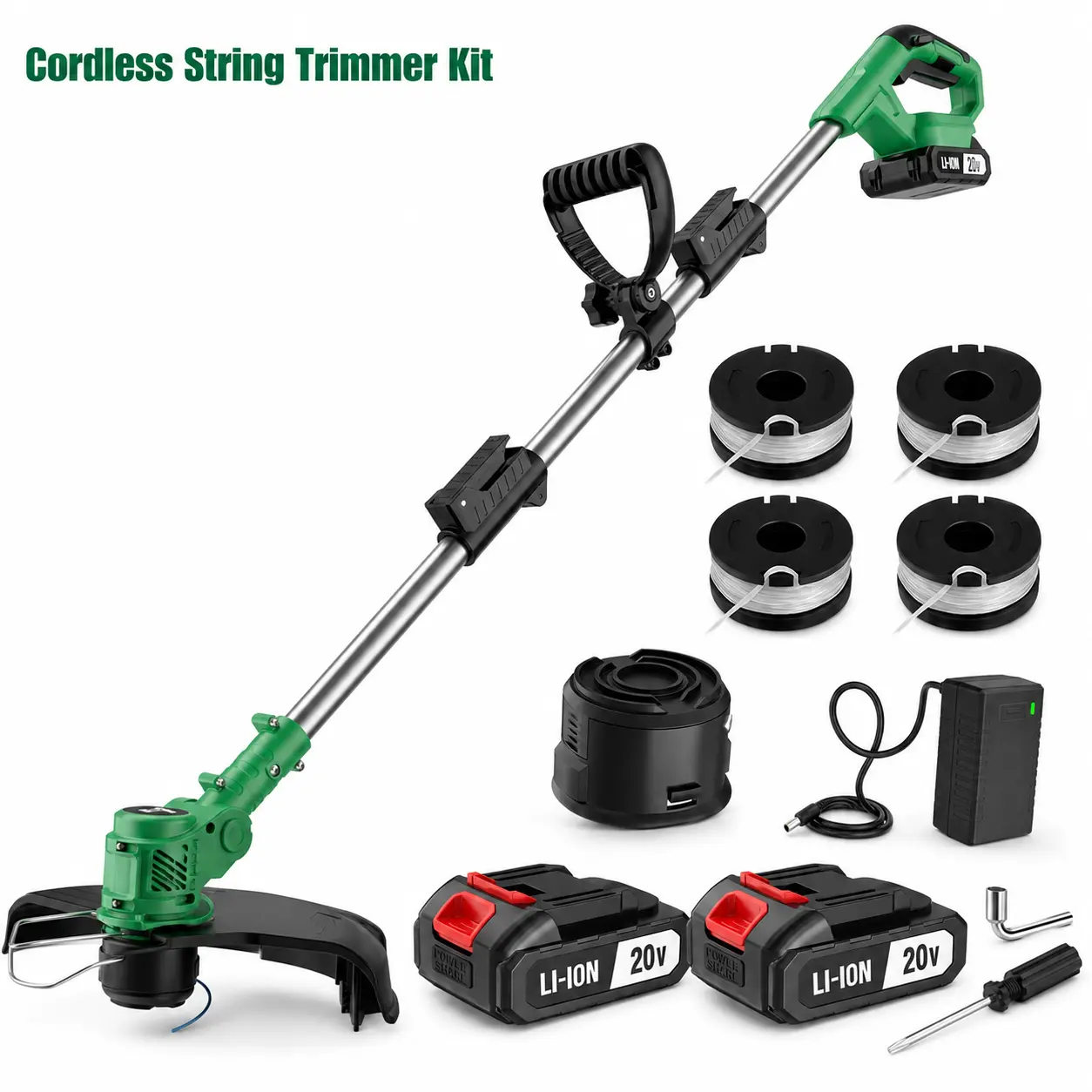 20V Cordless   Electric  String Trimmer and   Weed Wacker ，  Lawn Edger with Guide Wheels, Auxiliary Handle, Charger and 4 Replacement Line Spools, Battery Powered Grass Trimmer for Yard and Garden Care, 1 or 2 Battery Options