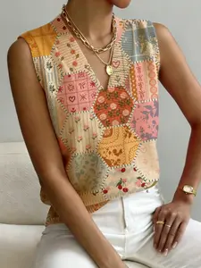 Women's Patchwork Hexagon Floral Knit Vest, V Neck Sleeveless Sweater, Casual Breathable Colorblock Top for Spring Summer Fall