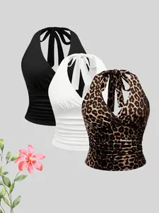 European and American classic style versatile trendy neck halter neck three-piece set