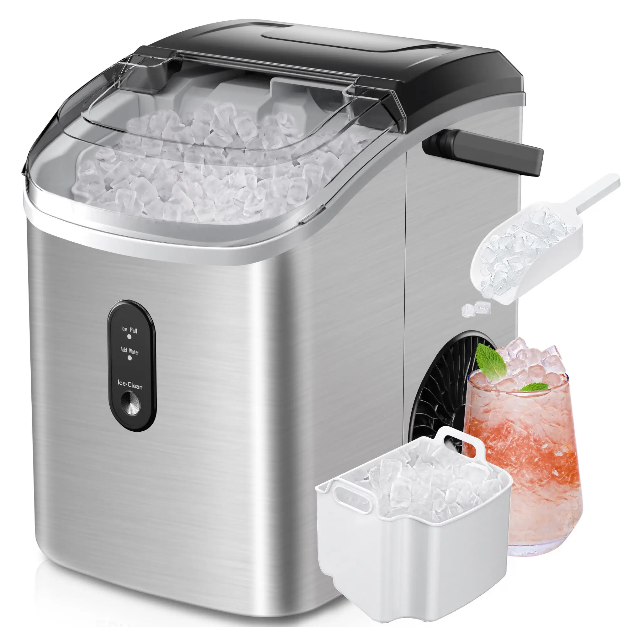 Simzlife Countertop Portable Nugget Ice Maker: Ready in 6 Minutes, 33lbs per Day, with Handle, Auto-Cleaning, Removable Top, Basket & Scoop, Essential