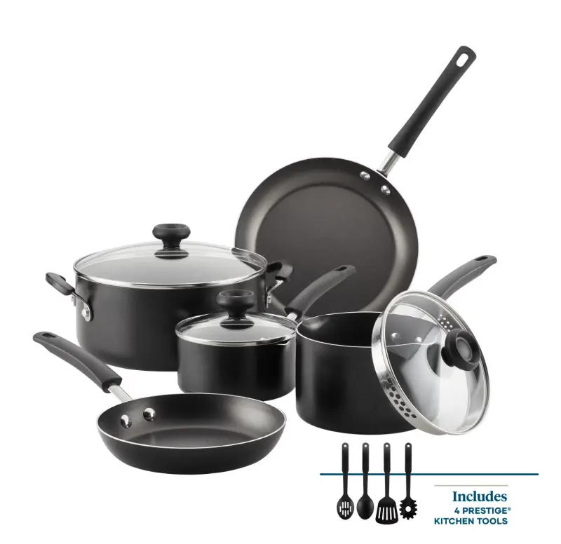 12-Piece Nonstick Cookware Set with 4 Prestige Tools for Efficient Cooking Includes Shatter-Resistant Glass Lids & Even Heat Distribution Pans