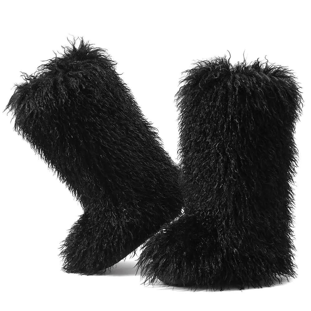 EROCALLI Women's Long Hair Snow Boots  knee-high snow boots with Warm Lined Non-Slip Winter Boots Thick Sole High Snow Boot