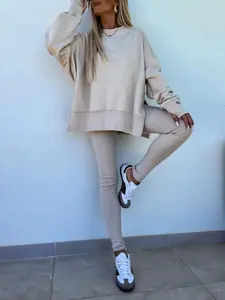 Women's Solid Drop Shoulder Split Hem Sweatshirt & Pants Two-piece Set, Sweatsuit Matching Set, Casual Fashion Cozy Breathable Outfits for Daily Outdoor Wear, Ladies Sportswear for All Seasons