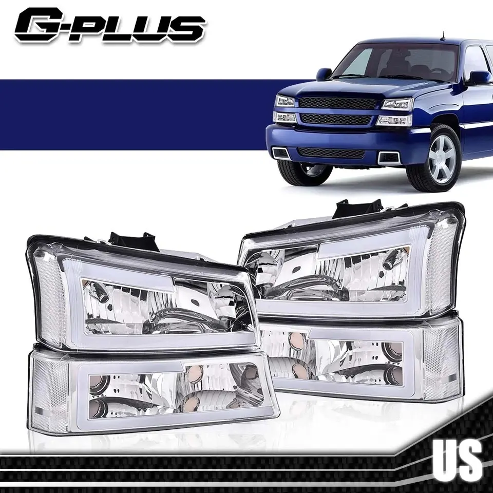 G-PLUS Headlights for 03-07 Chevy Silverado Headlights Bumper Headlamps faro LED DRL Smoked Lens Black Housing Headlight,car accessories