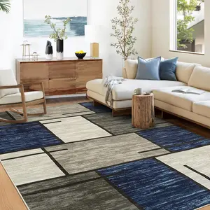 【GARVEE】Washable Rugs 8 x 10 Rug for Living Room Modern Geometric Rug Non Slip Navy Rug Soft Floor Mats Large Area Rug Stain Resistant Carpet for Bedroom Dining Room Nursery Blue/Taupe 8'x10'