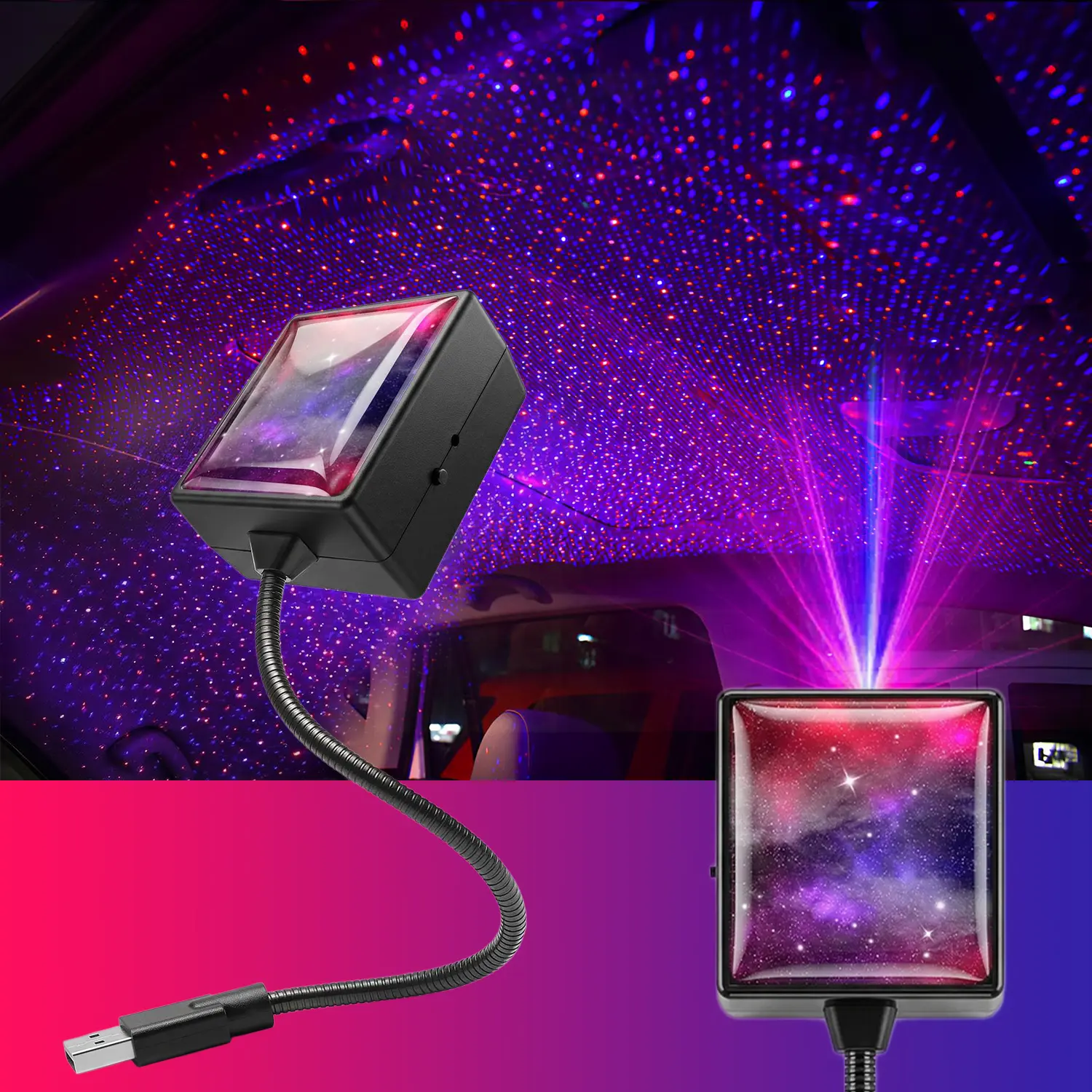 Car Roof Star Night Light, USB Projector Night Light Neon Accent Light Decor with Sound Activated Strobe and Auto Rotating Adjustable Ceiling Light for Car Bedroom Party Romantic