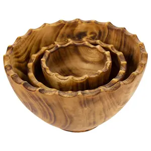 Global Craft Nested Round Scalloped Jacaranda Wood Bowls,Set/3
