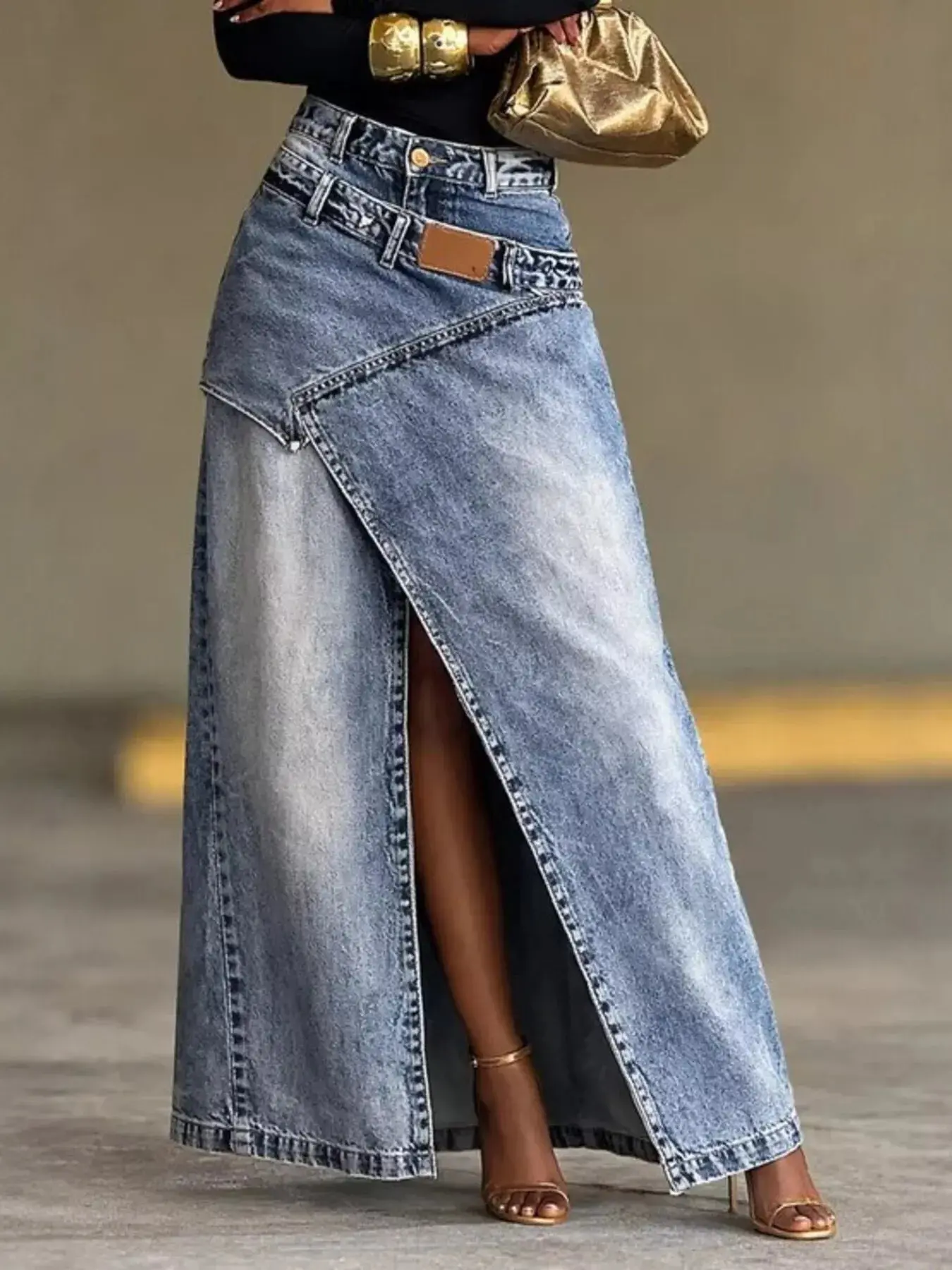 Women's Basic High-Waisted Asymmetrical Cotton-Spandex Denim Skirt with Slit Detail, Not Applicable