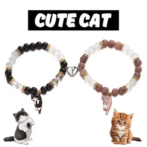 2 Pcs Magnetic Couple Bracelets Heart-Shaped Matching Cat Kitten Pendant Bracelets Women Men Lover Wedding Jewelry Romantic Attraction
