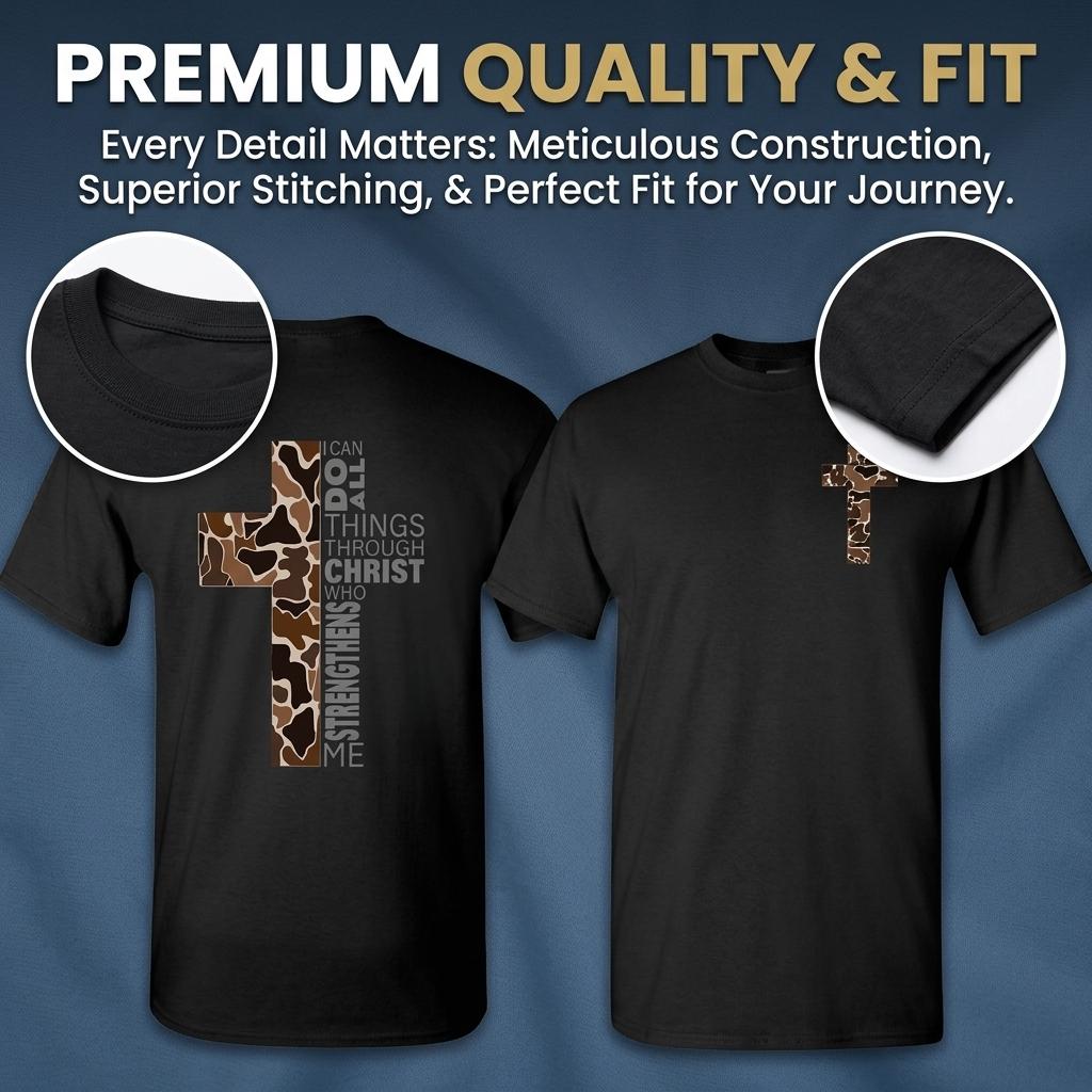 Christian T-Shirt, Camo Cross Design With Philippians 4:13 Verse, Perfect For Faithful Believers And Outdoorsmen Sports T-shirt, regular fit, casual and stylish T-shirt, suitable for everyday wear, a men's top suitable for all seasons.