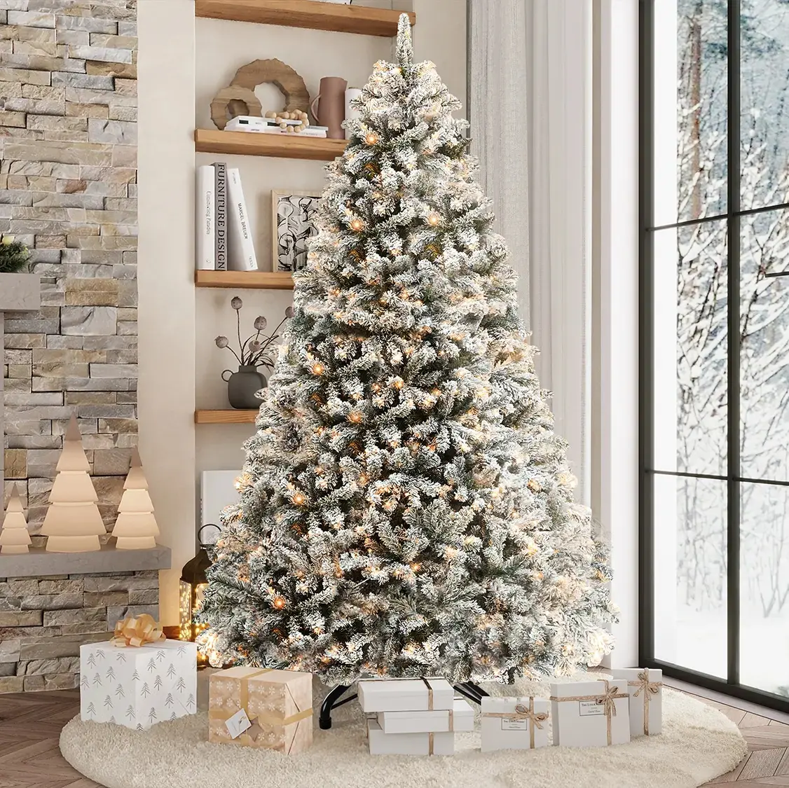 4.5/6/7.5/9 FT Artificial Christmas Tree, with lights, with PVC Tips, and Foldable Base for Home, Party Decoration