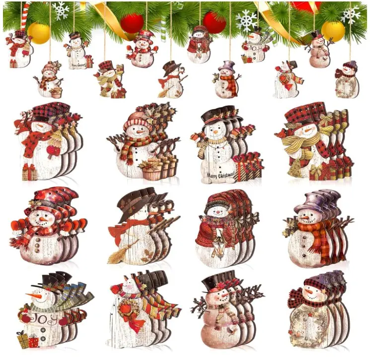 36 Pcs Snowman Ornaments for Christmas Tree Snowman Christmas Decorations Snowman Wood Cutouts Wooden Christmas Tree Ornaments for Holiday Xmas Party Supplies(Vintage) Smooth Door