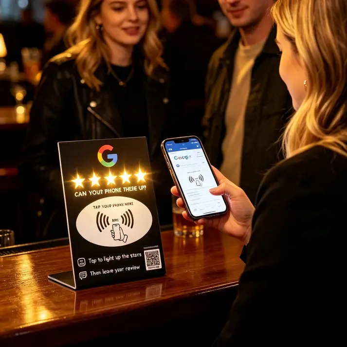 Interactive Acrylic NFC Star Review Sign, 5.5 x 4 Inches - Tap to Light Up, Tap to Review - Battery-Free, Compatible with Android Devices, Fits Any Counter