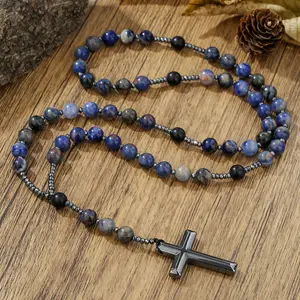 Protection Rosary Necklace Hematite Cross Pendant Obsidian Tiger Eye Stone Amulet Adjustable Chain Spiritual Jewelry For Men Women