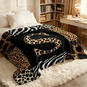 Animal Print Monogram S Oversized Flannel Blanket, Leopard & Zebra Print Initial A Soft Cozy Throw Blanket for Bed Sofa Couch, Warm Lightweight Oversized Bed Cover for Home Decor, Soft Comfy Blanket