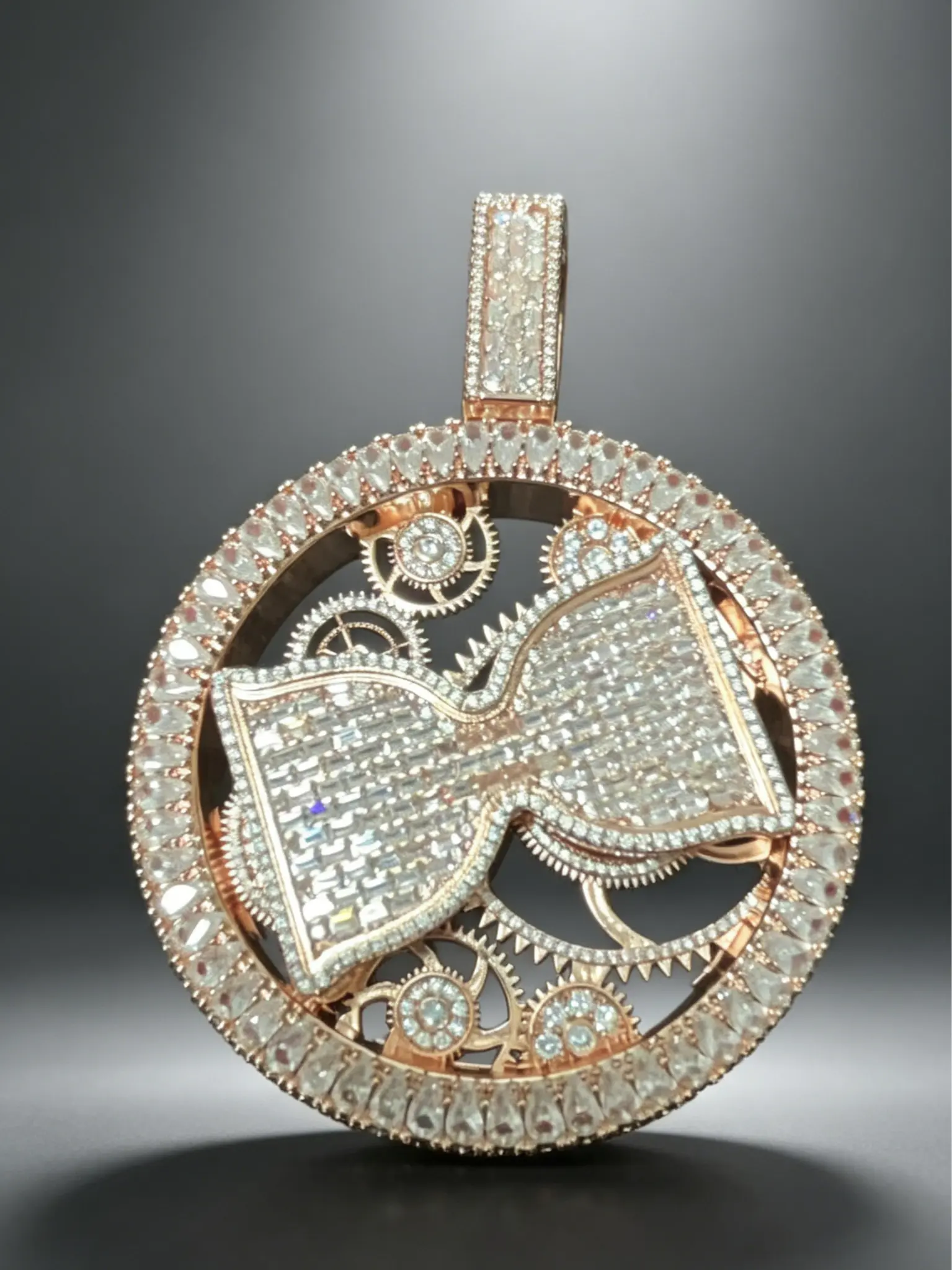 2174 Bow Shape Rotating Gear Initial Pendant - Bold 3D Mechanical Medallion, Bling Accessories, Exquisite Trendy Metal Charms, Unisex Hip Hop Streetwear Fashion Costume Jewelry Statement Piece