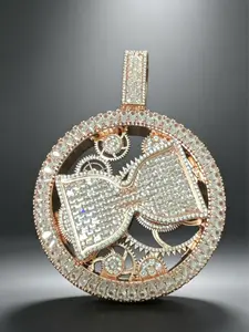 2174  Rotating Gear Bow Initial Pendant | Blinged-Out 3D Mechanical Medallion Charm for Hip Hop Streetwear Vibe outdoorfun