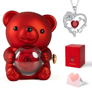 Real Rose Bear with Red Diamond "Mom" Necklace, Romantic Keepsake for Mom, Grandmom, Girlfriend, Wife