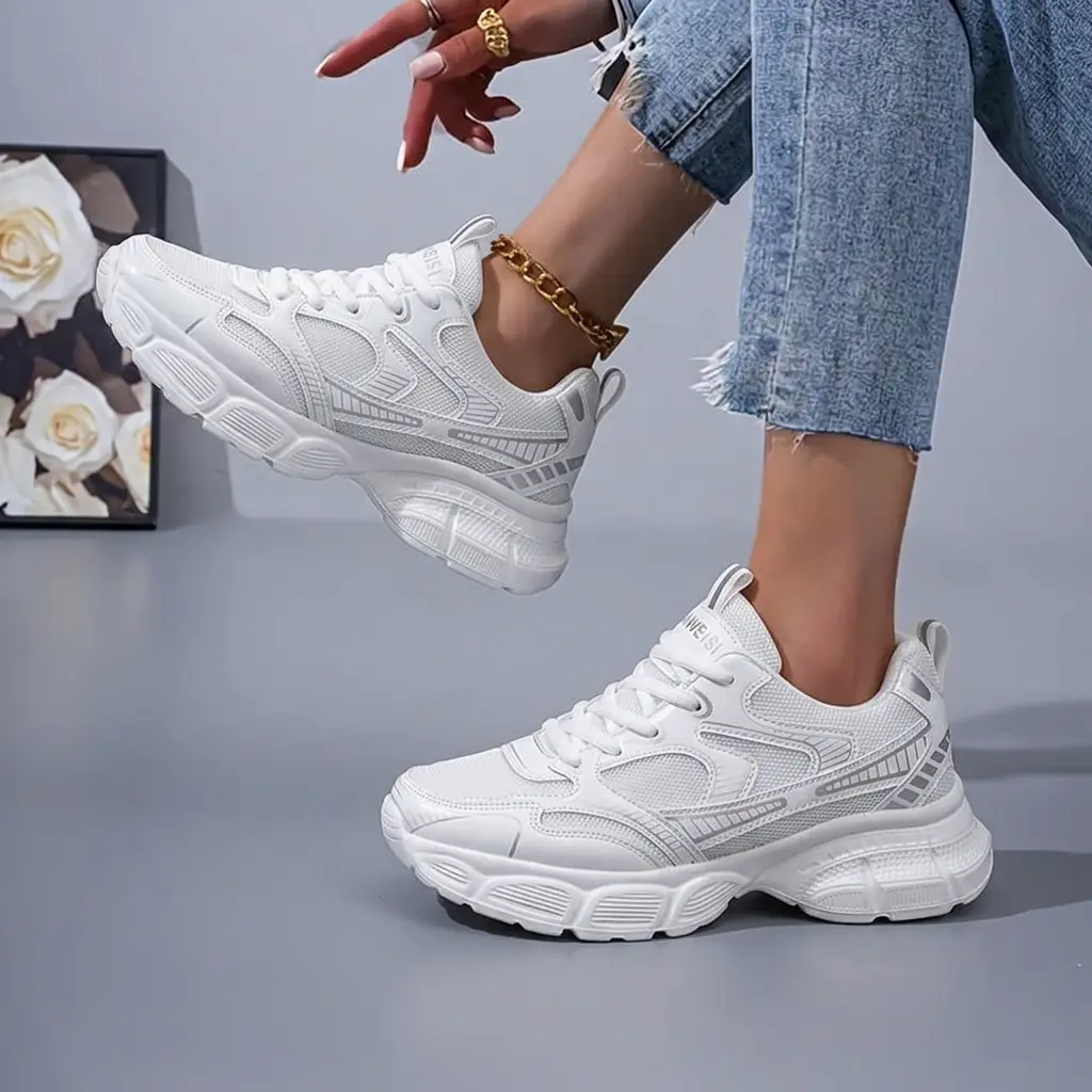Women's Wide Fit Chunky Mesh Platform Sneakers - Breathable, Lightweight, Lace-Up, Non-Slip Thick Sole Dad Shoes for Daily Outdoor Wear, All-Season Casual Sports Trainers