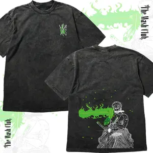 Roronoa Zoro King of Hell Green Flame Graphic Tee - One Piece Anime Master Swordsman Streetwear T-Shirt - Enma Sword Style Oversized Acid Wash Heavyweight Cotton Shirt - Japanese Aesthetic Apparel - Premium Retro Harajuku Style Pump Cover Gym Shirt