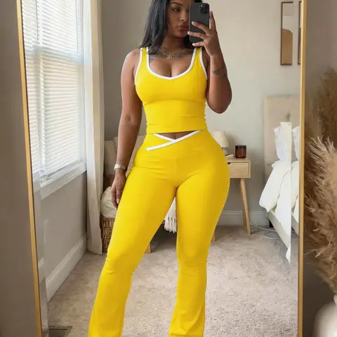 Women’s Summer 2026 Sexy Halter Bodycon Two Piece Set High Waist Flare Pants Casual Vacation Outfit