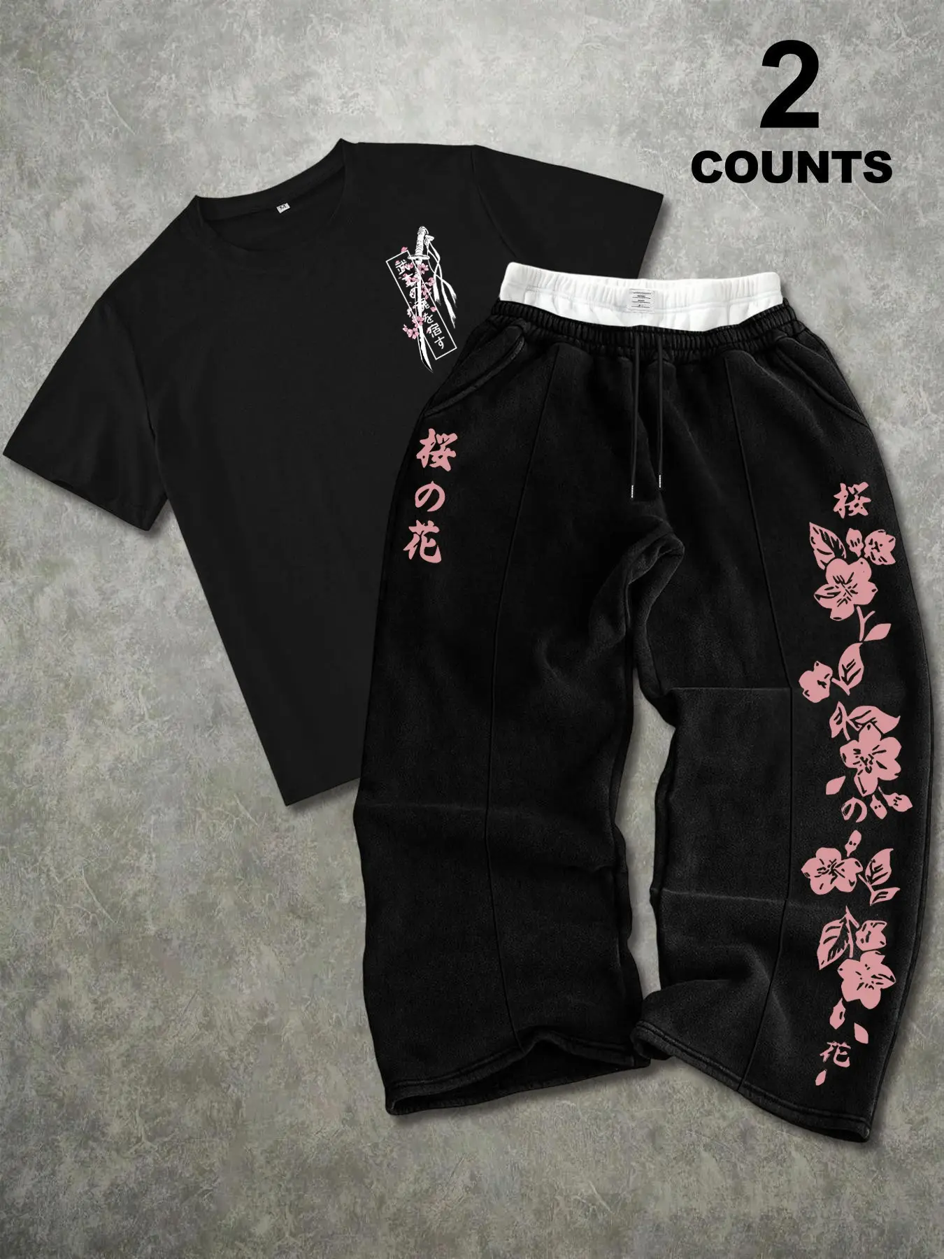 Men's Fashion Casual Two-Piece Set, Samurai Sword & Cherry Blossom Print, Round Neck Short Sleeve T-Shirt and Wide Leg Pants