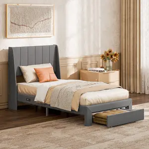 Linen Upholstered Platform Bed with 2 Drawers, Storage Bed Frame With Tufted Headboard