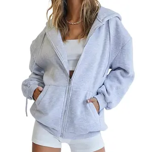 Womens Zip Up Hoodies Oversized Long Sleeve Sweatshirts Solid Color Fall Winter School Zipper Sweater Jackets Fashion Outfits Casual Shirt Clothes with Pocket